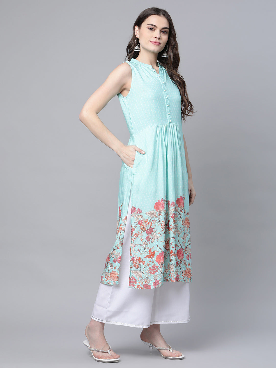Women's Sky Blue Rayon Printed Kurta Palazzo Set
