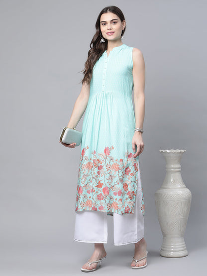 Women's Sky Blue Rayon Printed Kurta Palazzo Set
