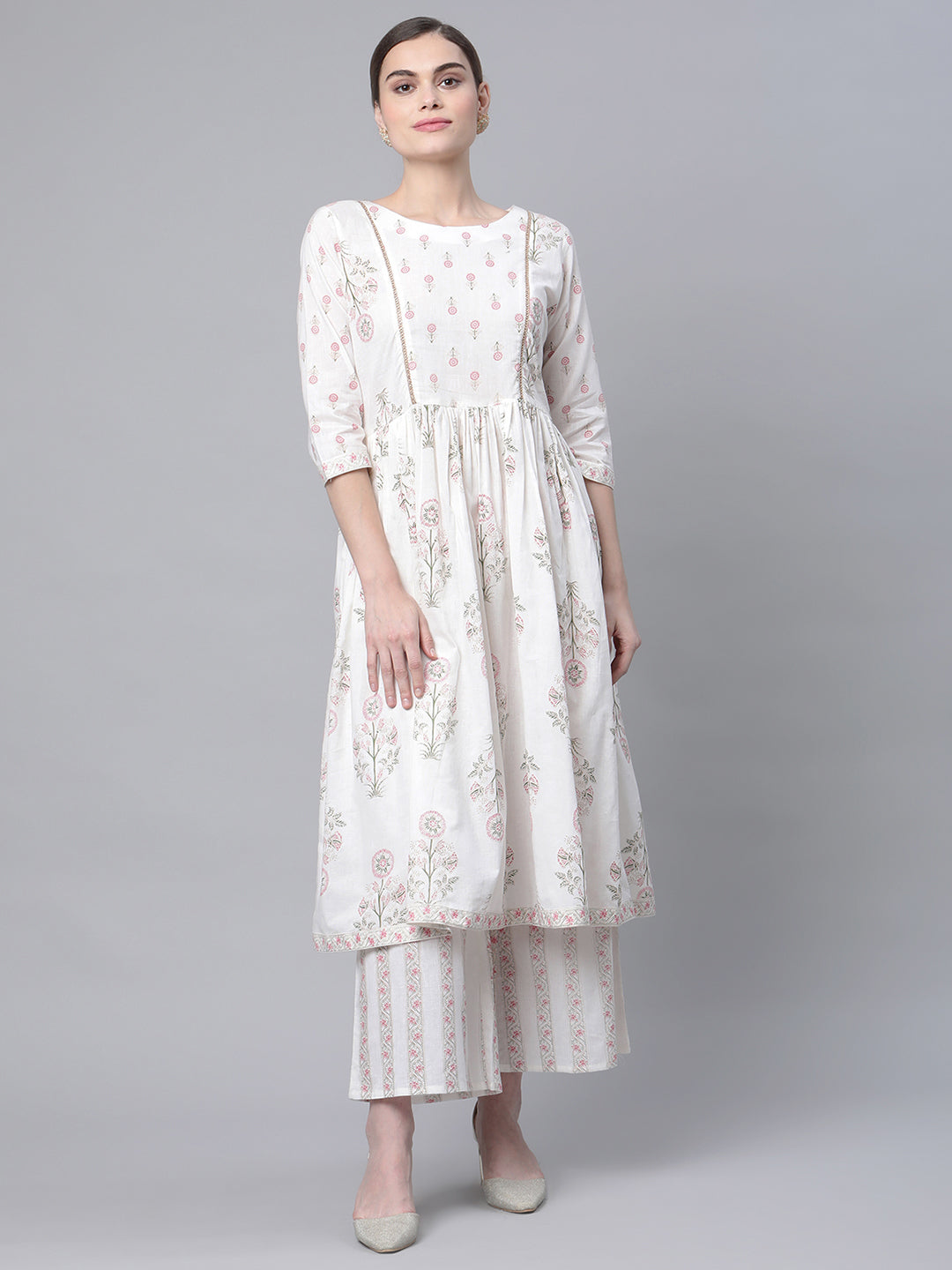 Women's Off White Cotton Printed Kurta Palazzo Set