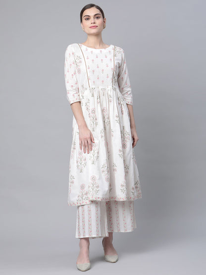 Women's Off White Cotton Printed Kurta Palazzo Set