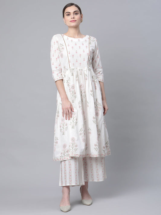 Women's Off White Cotton Printed Kurta Palazzo Set