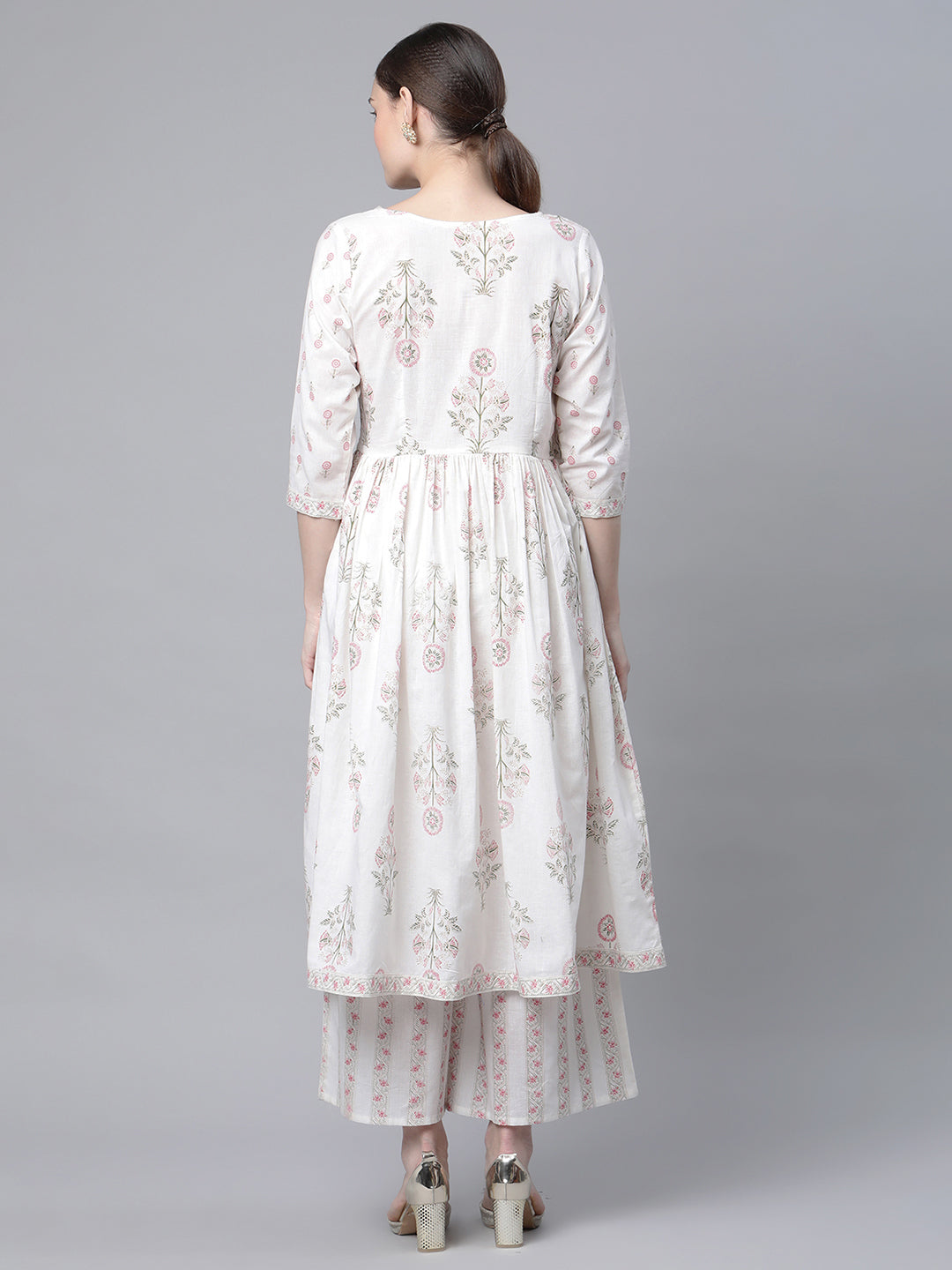 Women's Off White Cotton Printed Kurta Palazzo Set