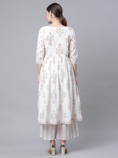 Women's Off White Cotton Printed Kurta Palazzo Set