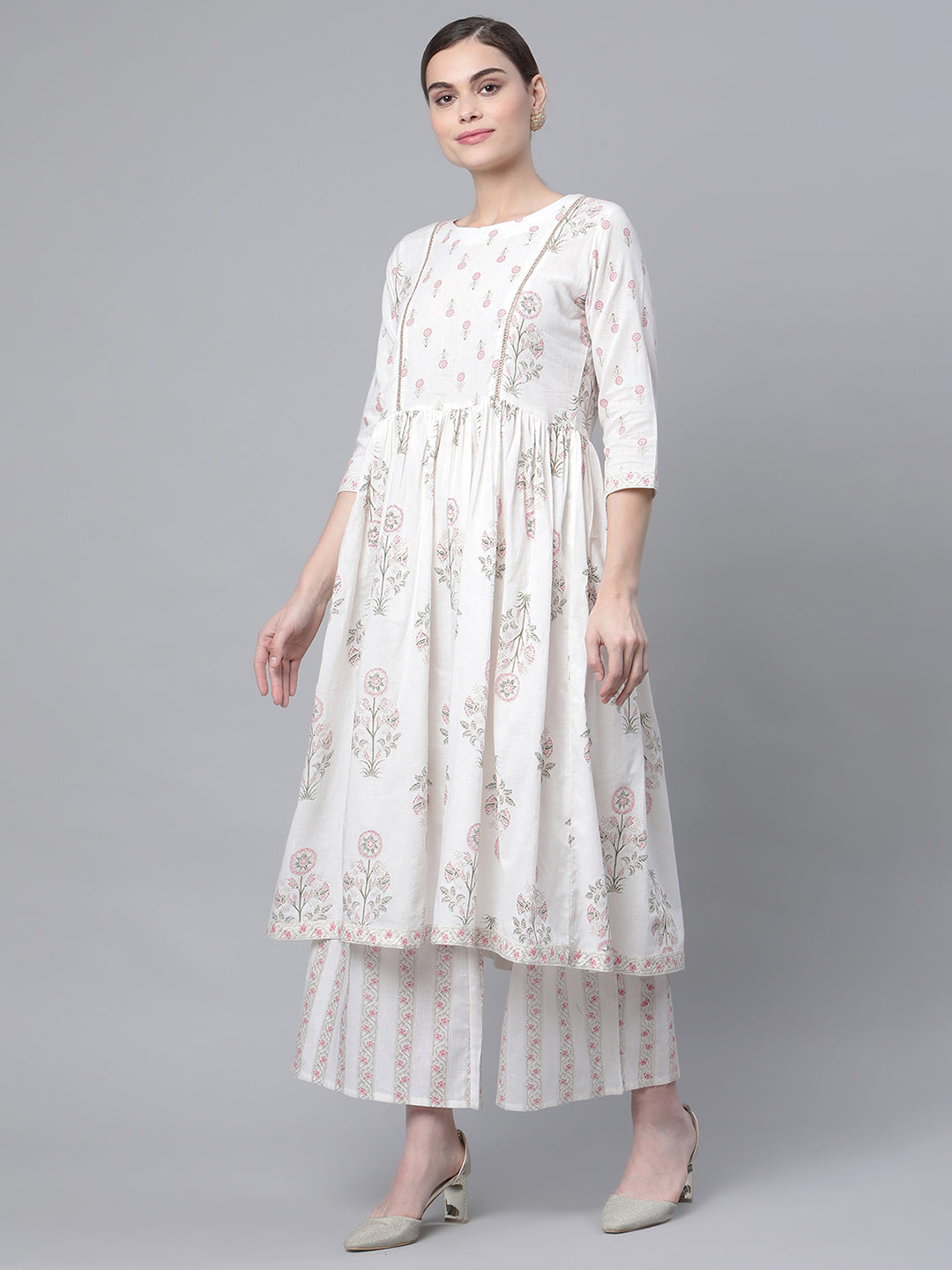 Women's Off White Cotton Printed Kurta Palazzo Set
