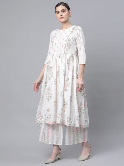 Women's Off White Cotton Printed Kurta Palazzo Set