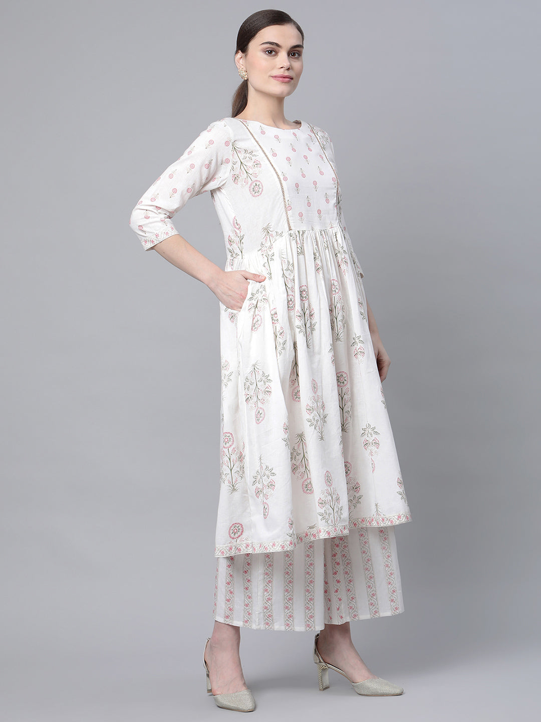 Women's Off White Cotton Printed Kurta Palazzo Set