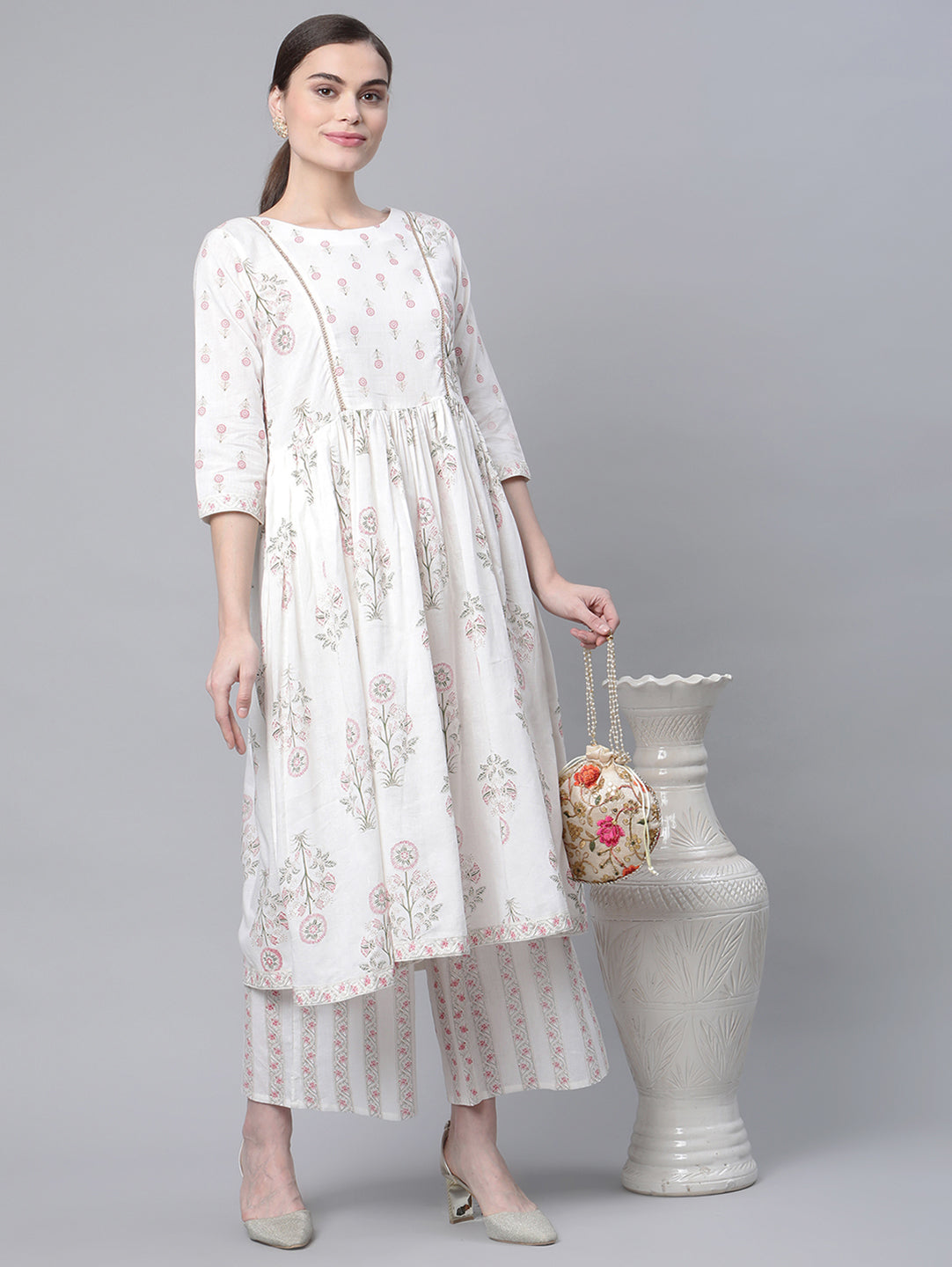 Women's Off White Cotton Printed Kurta Palazzo Set