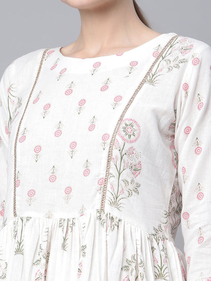 Women's Off White Cotton Printed Kurta Palazzo Set