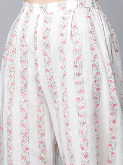 Women's Off White Cotton Printed Kurta Palazzo Set