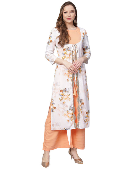Women's White & Peach Floral Jacket Style Kurta With Plazzo