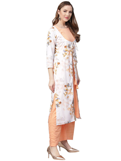 Women's White & Peach Floral Jacket Style Kurta With Plazzo