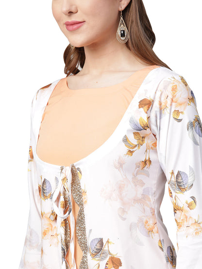 Women's White & Peach Floral Jacket Style Kurta With Plazzo