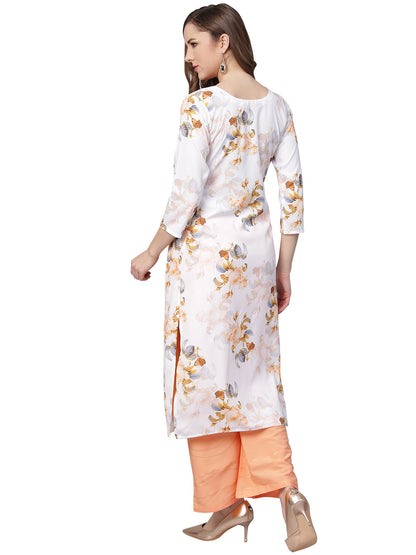 Women's White & Peach Floral Jacket Style Kurta With Plazzo