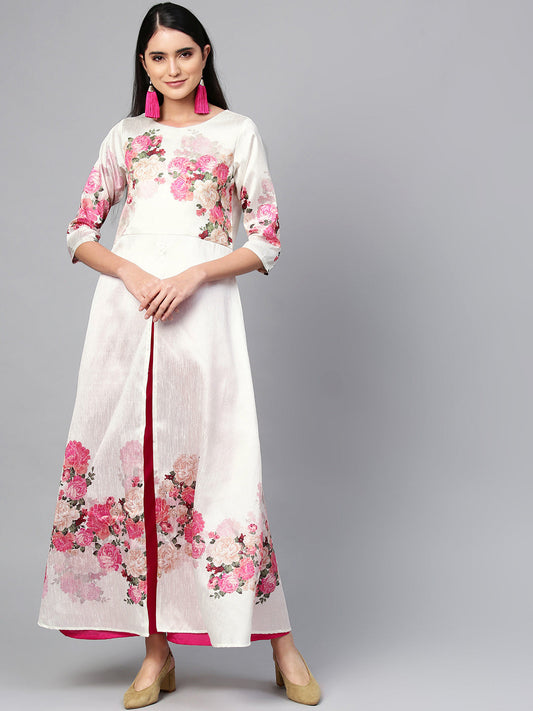 Women's White Poly Silk Printed Kurta Palazzo Se