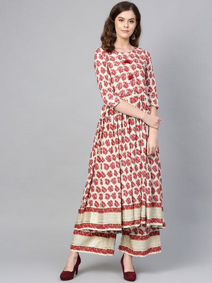 Women's Red Rayon Digital Printed Kurta With Plazzo Set