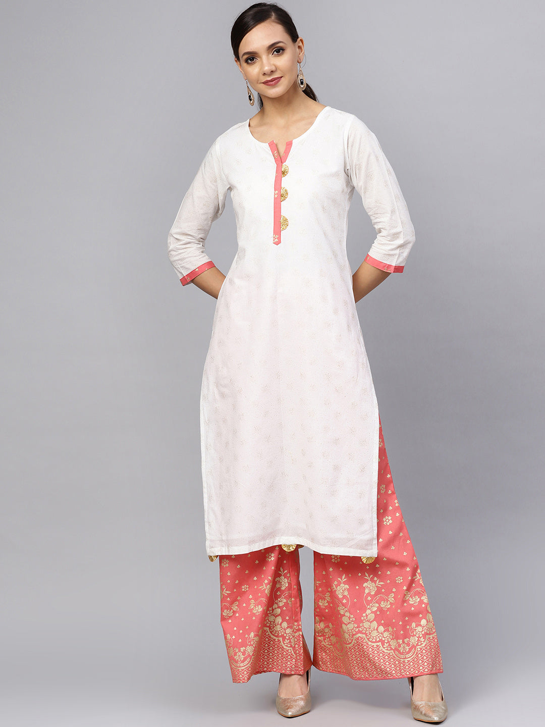 Women's White And Gold Printed Straight Kurta Set