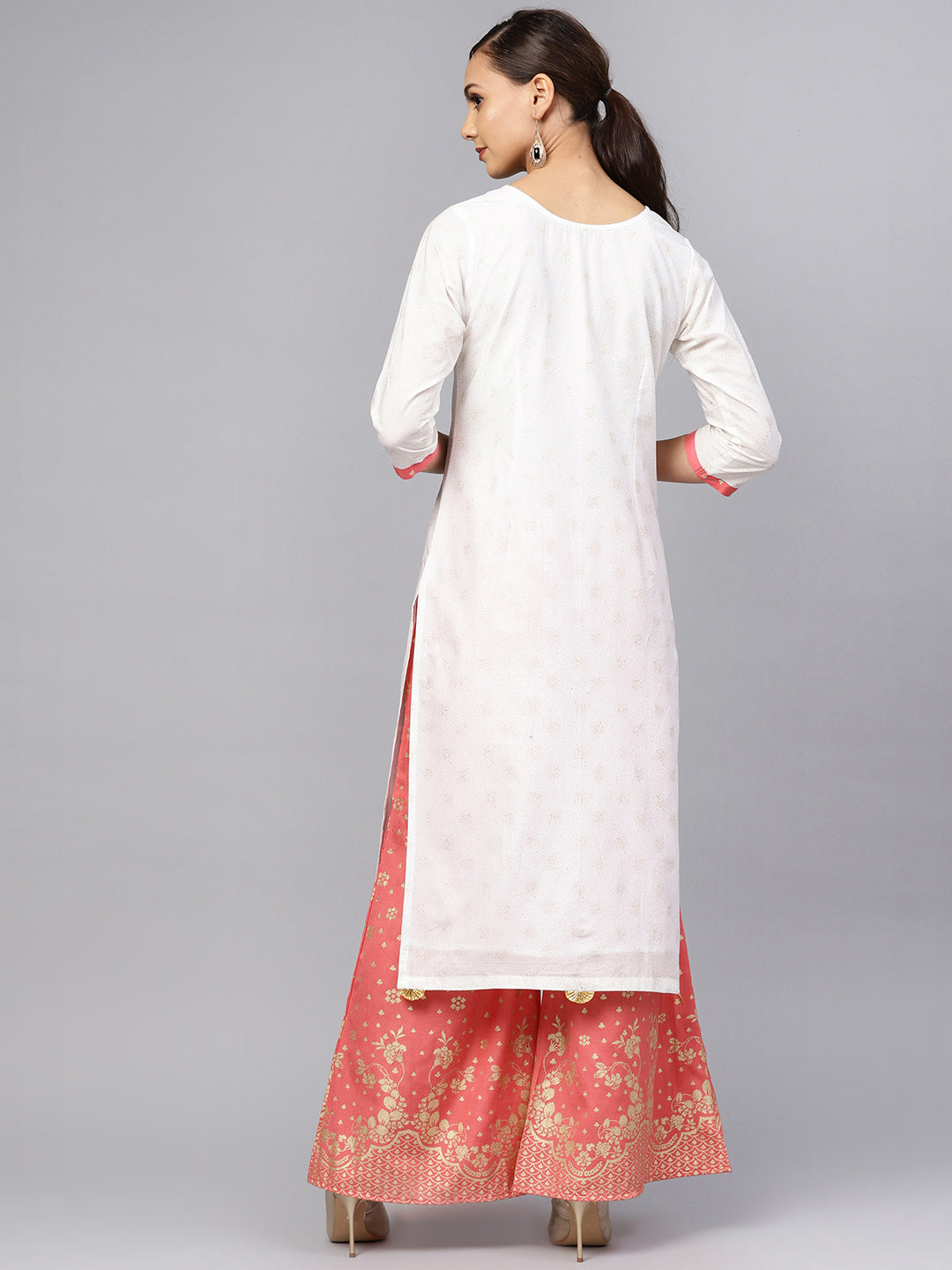 Women's White And Gold Printed Straight Kurta Set