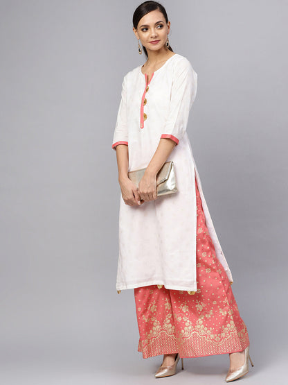 Women's White And Gold Printed Straight Kurta Set