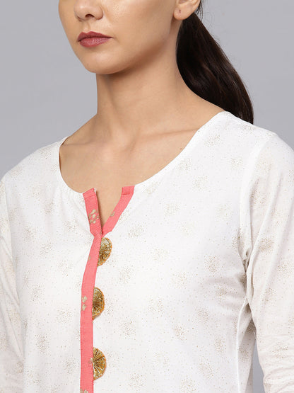 Women's White And Gold Printed Straight Kurta Set