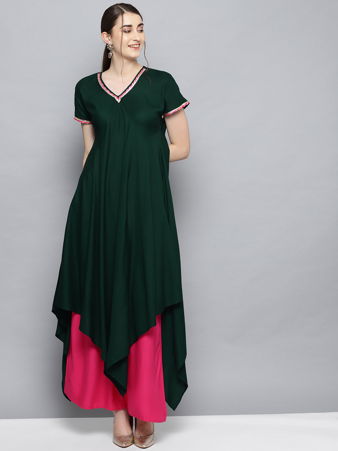 Women's Dark Green Solid Kimono Rayon Kurta Set