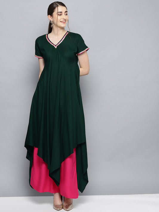 Women's Dark Green Solid Kimono Rayon Kurta Set