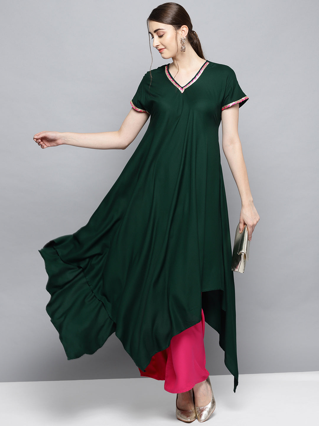 Women's Dark Green Solid Kimono Rayon Kurta Set