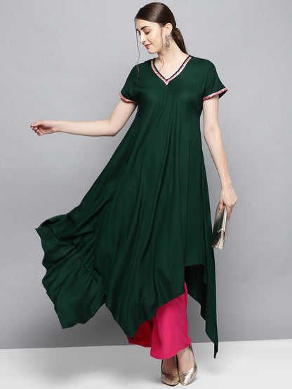 Women's Dark Green Solid Kimono Rayon Kurta Set