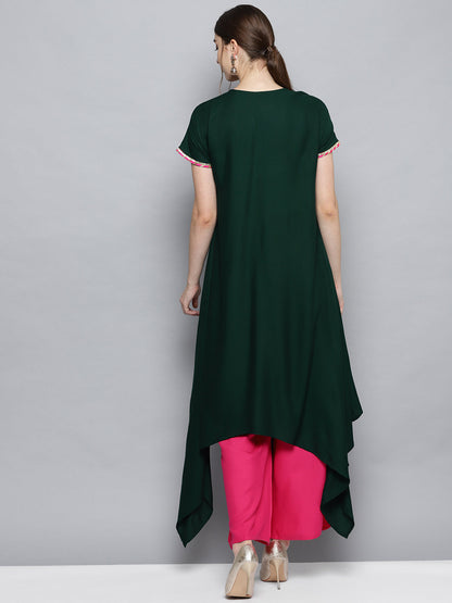 Women's Dark Green Solid Kimono Rayon Kurta Set