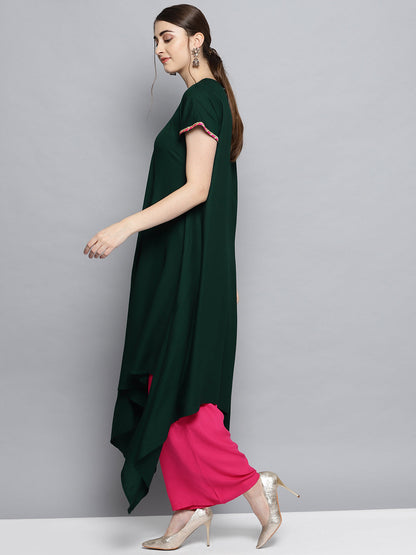 Women's Dark Green Solid Kimono Rayon Kurta Set