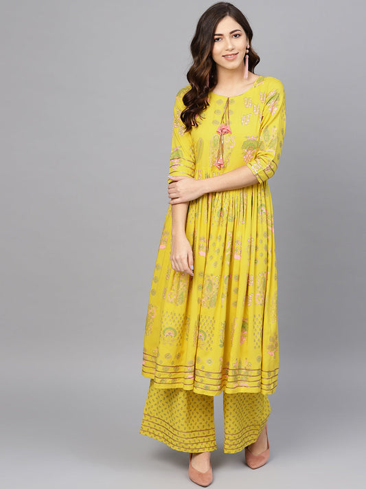 Women's Rayon Yellow Printed Kurta Palazzo Se