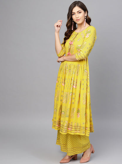 Women's Rayon Yellow Printed Kurta Palazzo Se