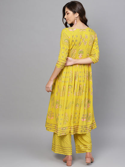 Women's Rayon Yellow Printed Kurta Palazzo Se