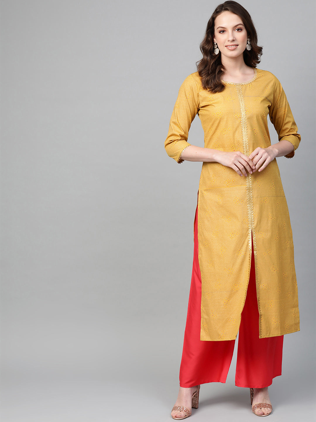 Women's Mustard Crepe Printed Kurta Palazzo Se