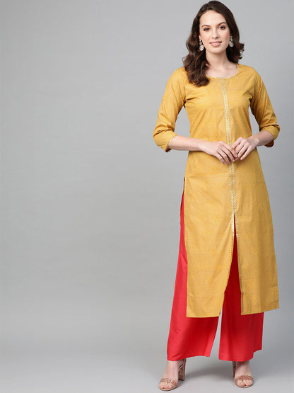 Women's Mustard Crepe Printed Kurta Palazzo Se