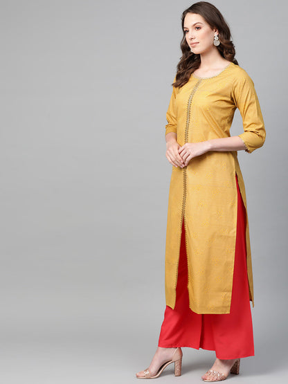 Women's Mustard Crepe Printed Kurta Palazzo Se