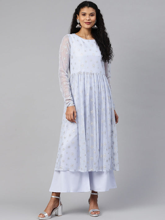 Women's Blue Net Silver Glitter Printed Kurta Palazzo Se