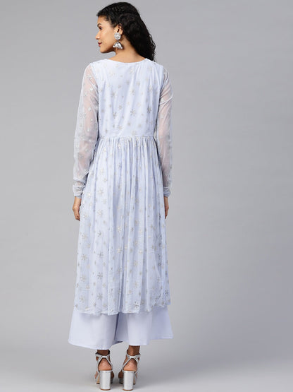 Women's Blue Net Silver Glitter Printed Kurta Palazzo Se