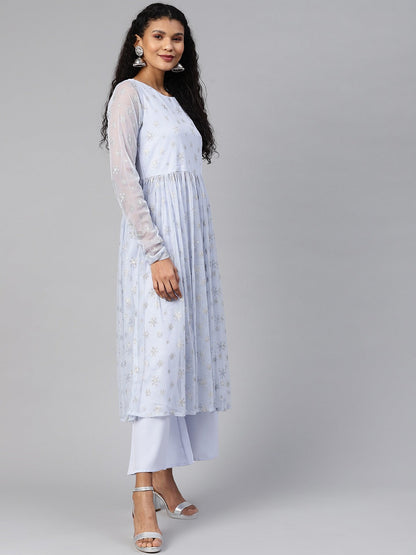 Women's Blue Net Silver Glitter Printed Kurta Palazzo Se