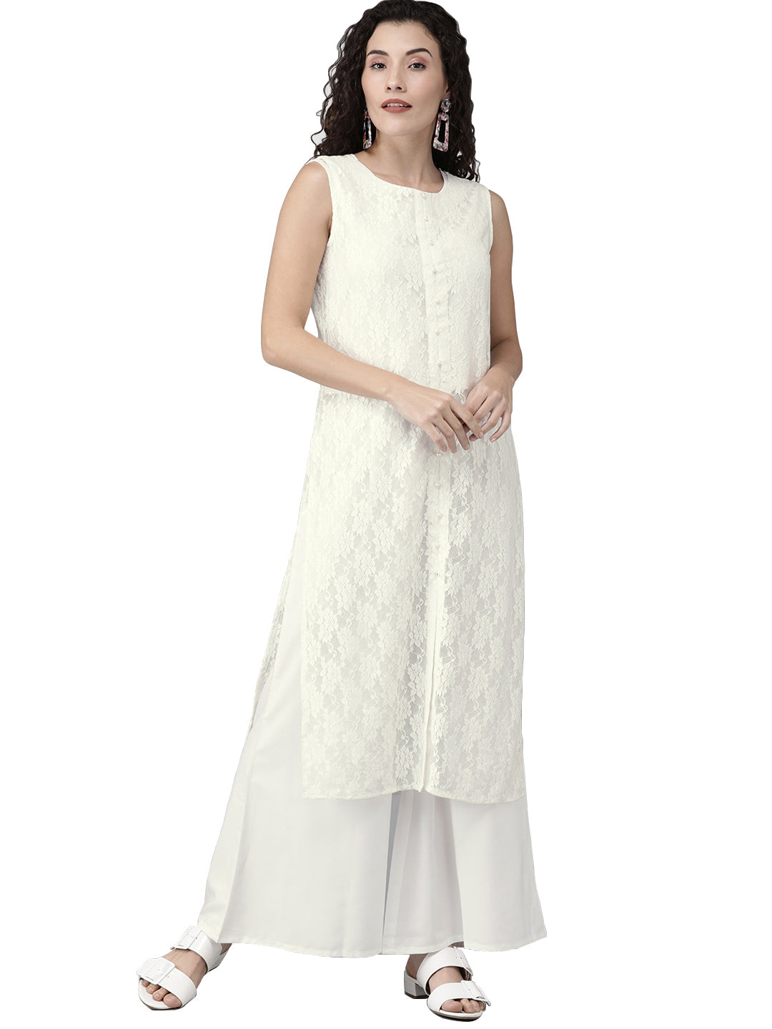 Women's White Embellished Kurta With Palazzo Set