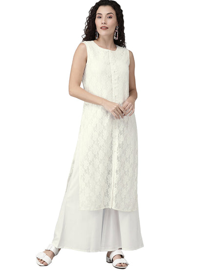 Women's White Embellished Kurta With Palazzo Set