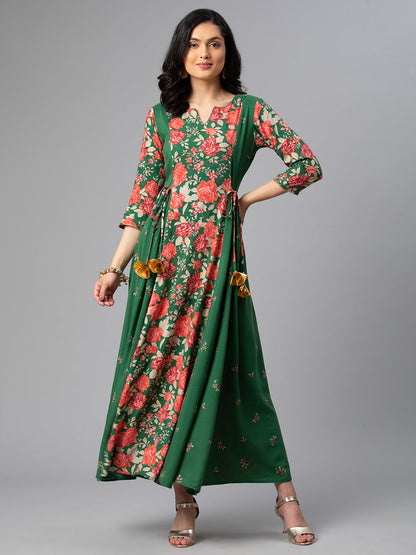 Women's Viscose Rayon Green Floral Wax Printed Kurta