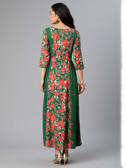 Women's Viscose Rayon Green Floral Wax Printed Kurta