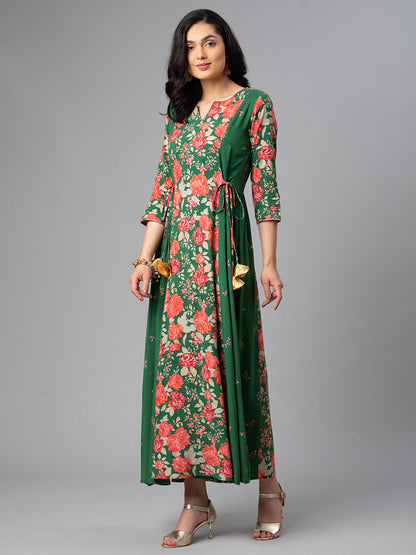 Women's Viscose Rayon Green Floral Wax Printed Kurta