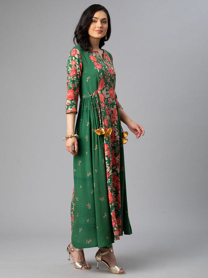 Women's Viscose Rayon Green Floral Wax Printed Kurta