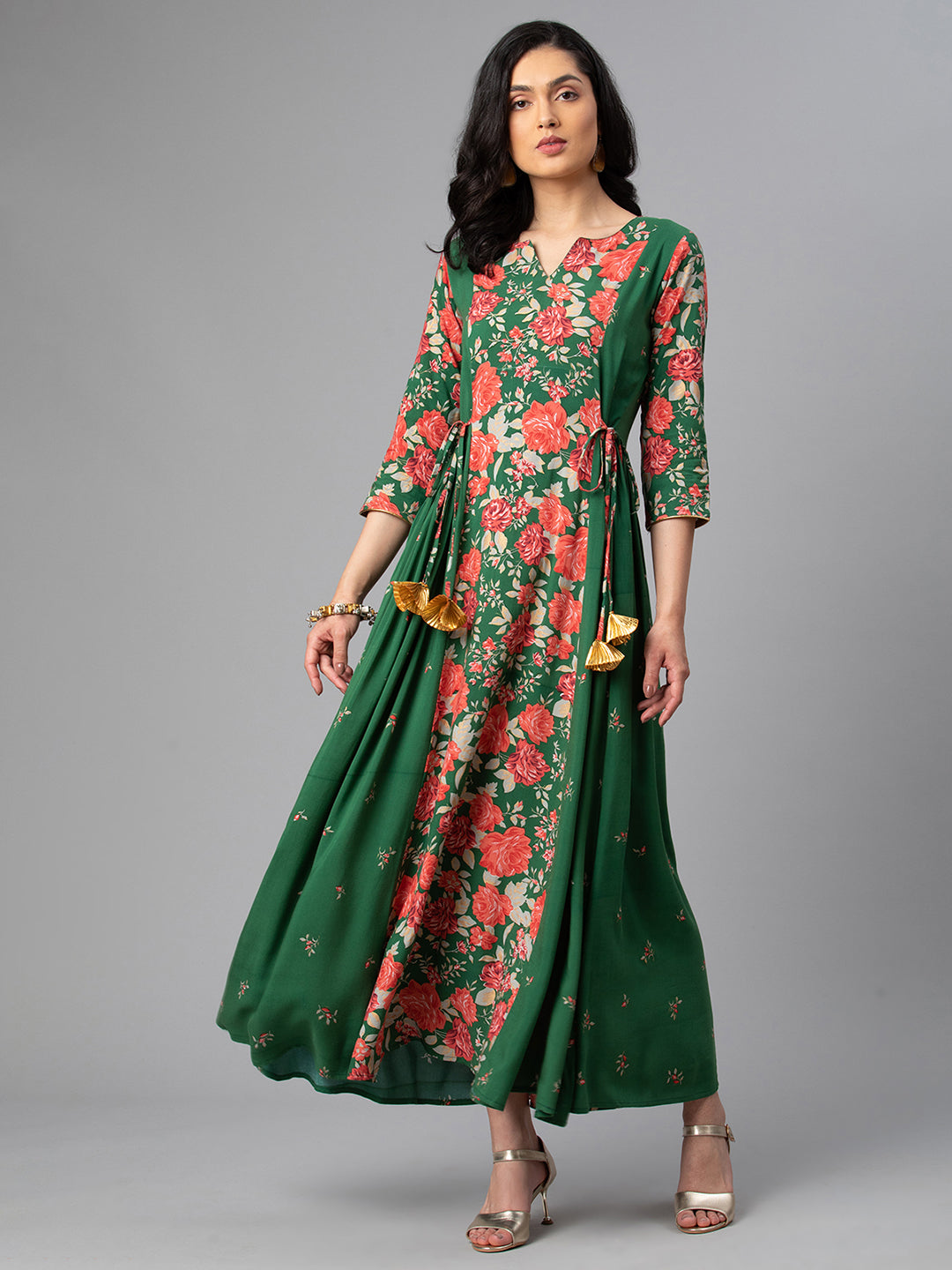Women's Viscose Rayon Green Floral Wax Printed Kurta