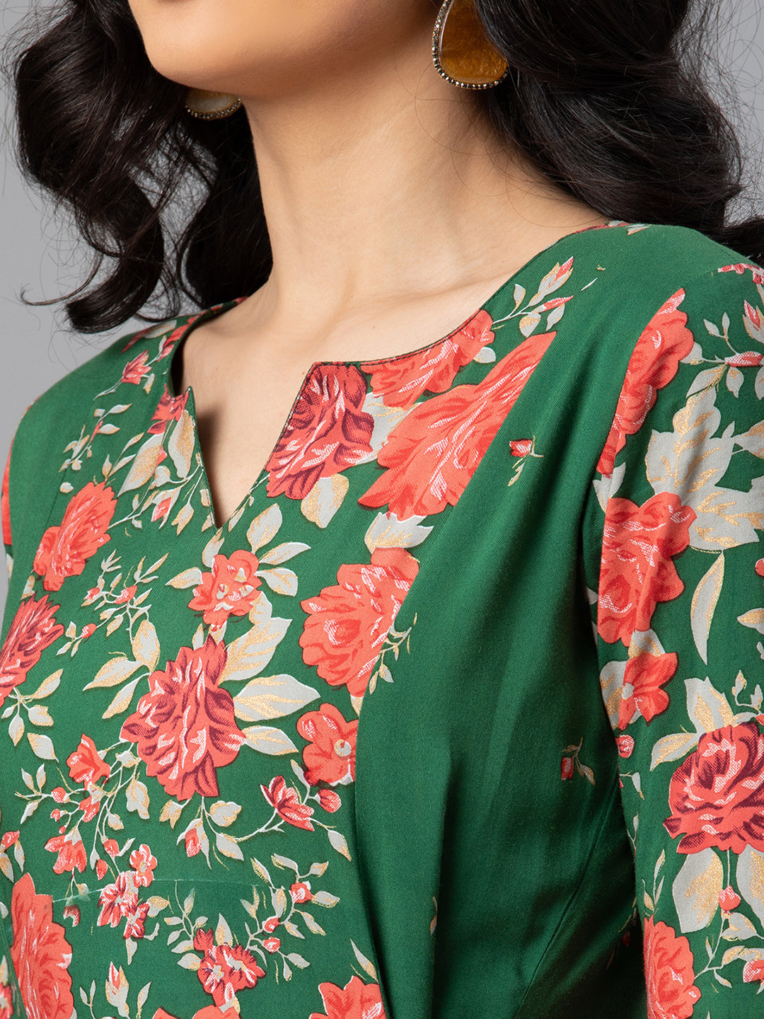Women's Viscose Rayon Green Floral Wax Printed Kurta