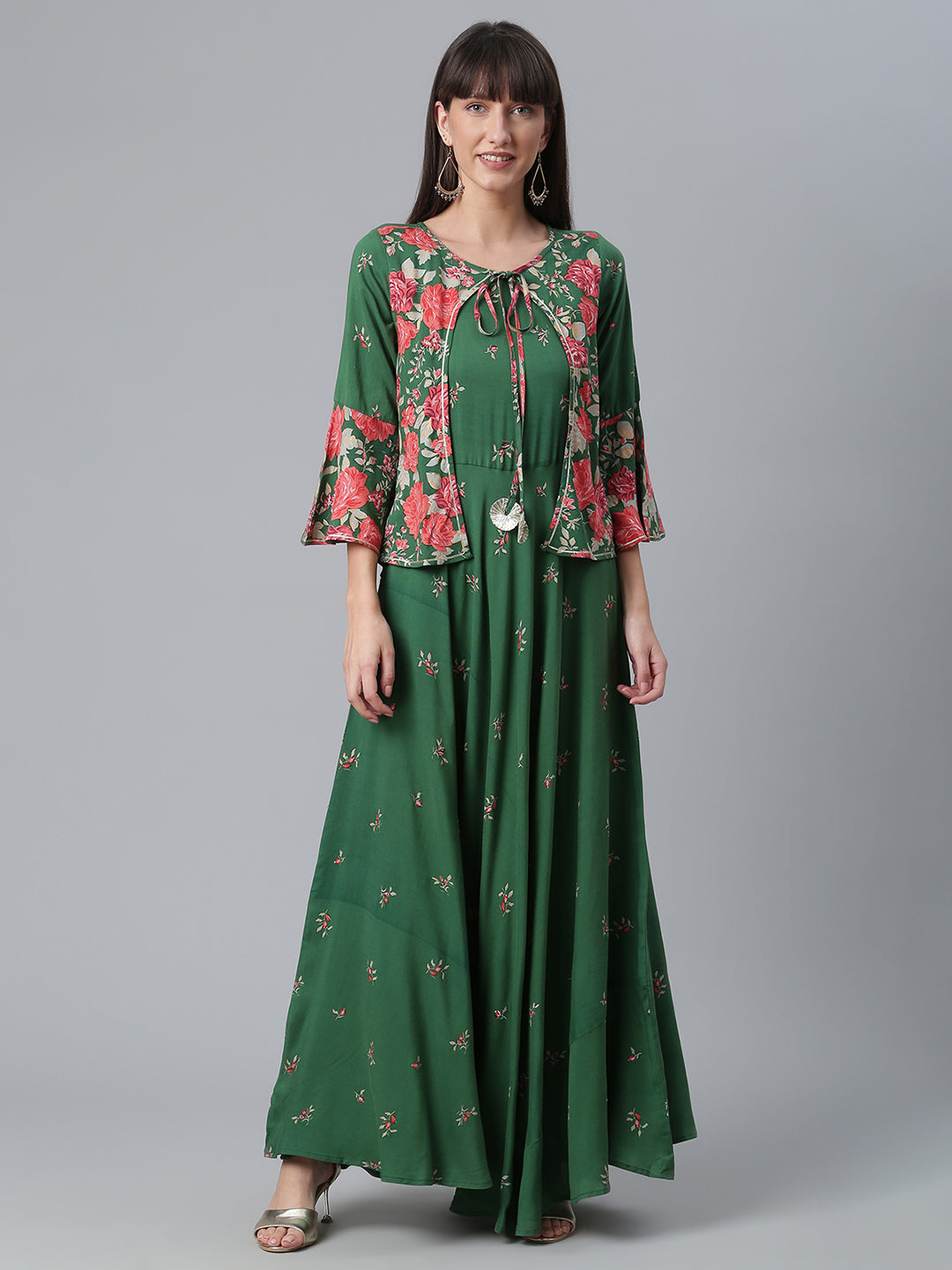 Women's Viscose Rayon Green Floral Wax Printed Kurta