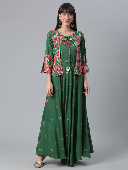 Women's Viscose Rayon Green Floral Wax Printed Kurta