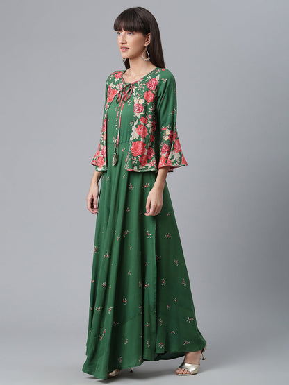 Women's Viscose Rayon Green Floral Wax Printed Kurta