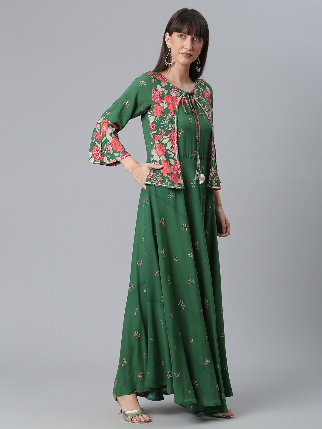Women's Viscose Rayon Green Floral Wax Printed Kurta